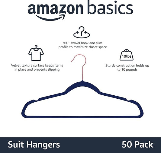 Amazon Basics Slim Velvet Non-Slip Space Saving Suit Clothes Hangers, Sturdy Construction, Navy Blue/Rose Gold, 50-Pack