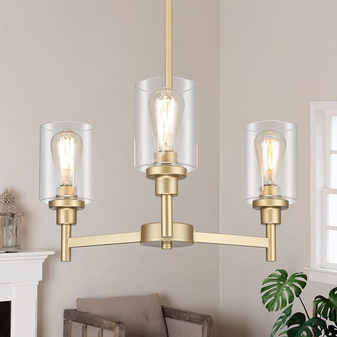 3-Lights Gold Chandeliers for Dining Room Light Fixture, Farmhouse Chandeliers Over Table, Hallway Lighting Fixtures with Glass Shade for Entryway Dining Room Kitchen Island Foyer