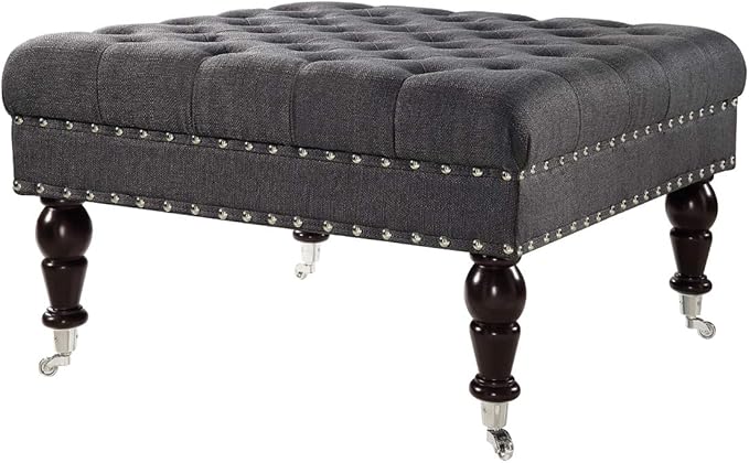 24KF Large Square Coffee Table Ottoman - Upholstered Tufted Button Linen Footrest Bench with Casters Rolling Wheels - Charcoal Gray