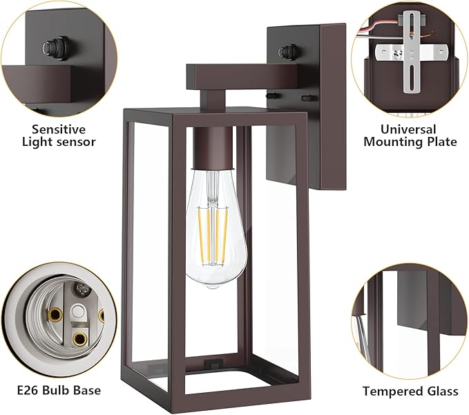 SHINE HAI Dusk to Dawn Outdoor Wall Lantern, Exterior Wall Sconce with E26 Base Socket, Anti-Rust Waterproof Light Fixture with Glass Shade for Garage, Doorway, 2 Pack (Dark Chocolate)