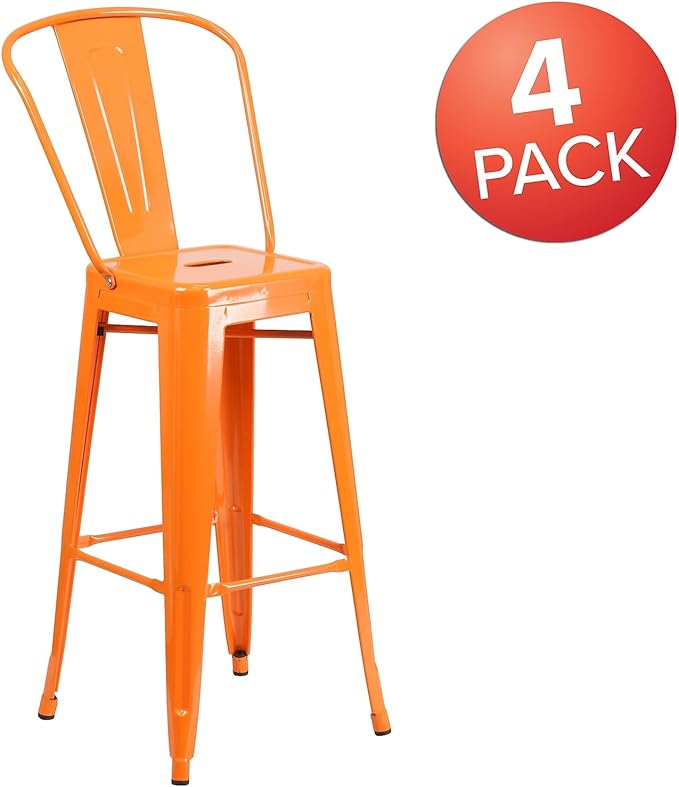 Flash Furniture Lily Commercial Grade 4 Pack 30" High Orange Metal Indoor-Outdoor Barstool with Removable Back