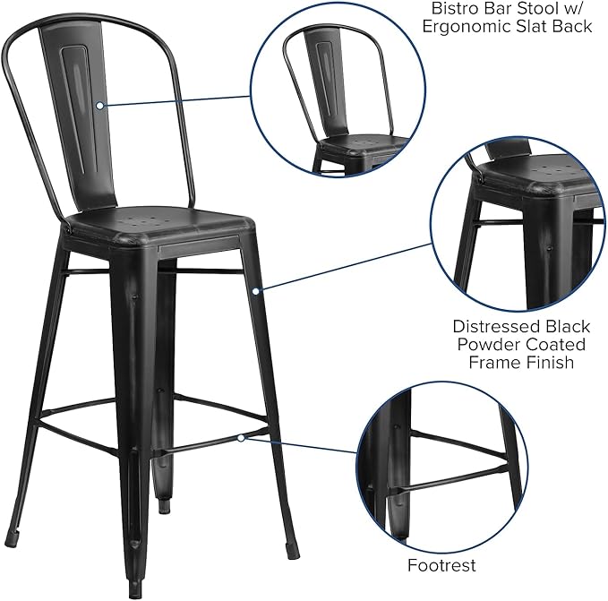Flash Furniture Blake Commercial Grade 4 Pack 30" High Distressed Black Metal Indoor-Outdoor Barstool with Back