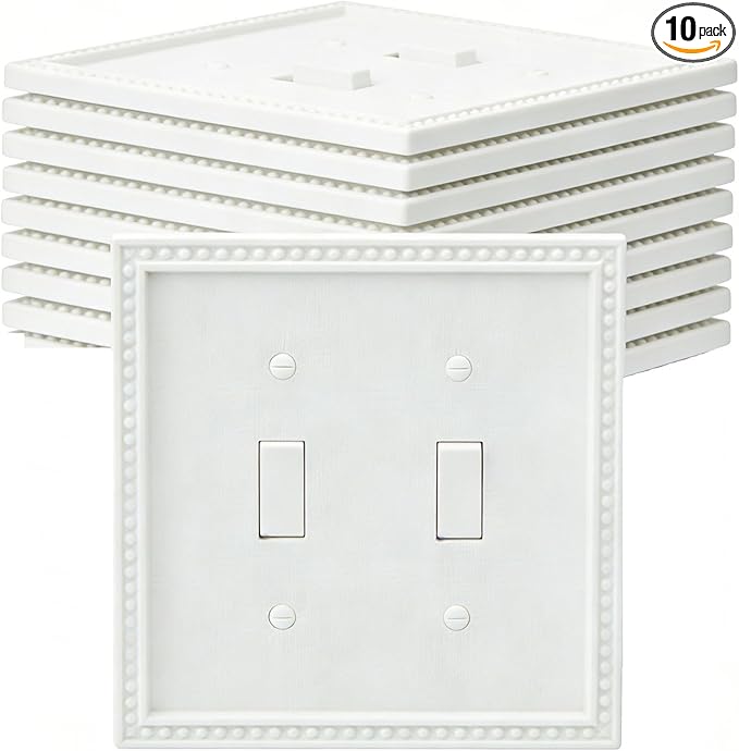 EFTV 10 Pack Mid-Size Toggle Light Switch Wall Plates 2-Gang Switch Electrical Cover Plate Unbreakable Thermoplastic Faceplate, Classic Beaded Relief Design, White