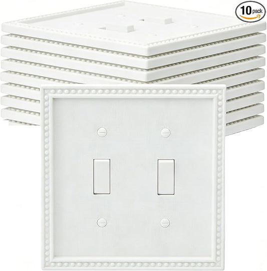 EFTV 10 Pack Mid-Size Toggle Light Switch Wall Plates 2-Gang Switch Electrical Cover Plate Unbreakable Thermoplastic Faceplate, Classic Beaded Relief Design, White