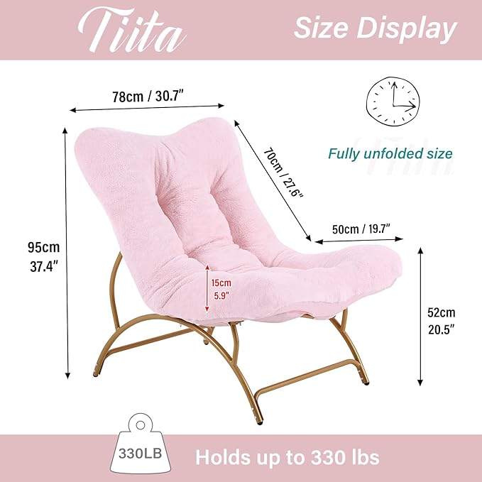 Tiita Accent Lazy Chair, Comfy Lounge Chair with Metal Frame and Plush Fabric, Spacious Seat Cozy Recliner Chair for Reading Room, Living Room, Bedroom, Office, Pink