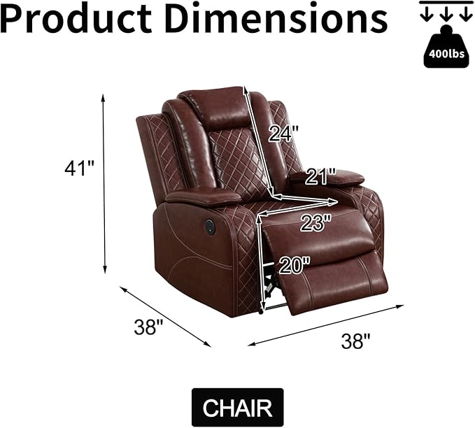 Power Leather Reclining Sofa Chair with LED Light for Adults,Single Recliner with USB Port/Storage,Leather Couch for Living Room Furniture Sets/RV Car/Home Theater/Office(1 Seat,Burgundy)