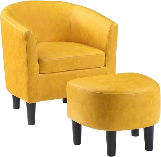 Convenience Concepts Take a Seat Churchill Accent Chair with Ottoman, Marigold Stamped Faux Leather