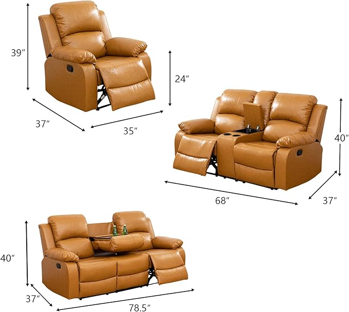 Bonded Leather Recliner Loveseat Couch Manual Reclining 2 Seater Reclining Sofa Living Room Couch with Cup Holders & Middle Storage Console for Home/Office/Rv Car (Ginger, Loveseat)