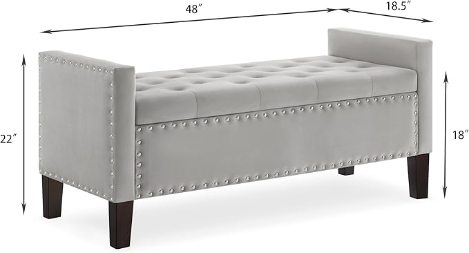 Velvet Storage Ottoman with Armrests, Upholstered Button Tufted Entryway Bench with Nails Trim for Bedroom End of Bed, Living Room,Gray