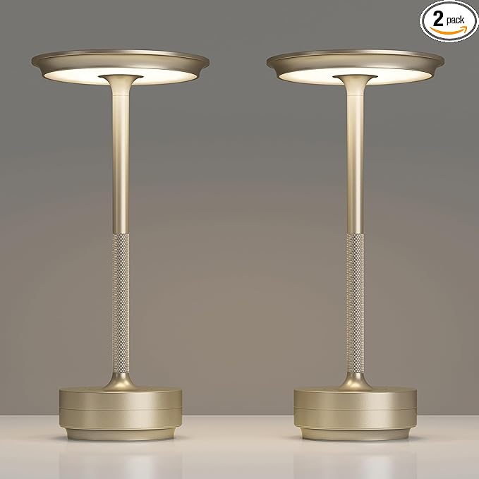 2 Pack Rechargeable Cordless Table Lamps, Portable 5000mAh Outdoor Table Light, 3 Color Stepless Dimming LED Table Lamp with Memory Function, for Home/Dinner/Patio/Restaurant.(Champagne Gold)