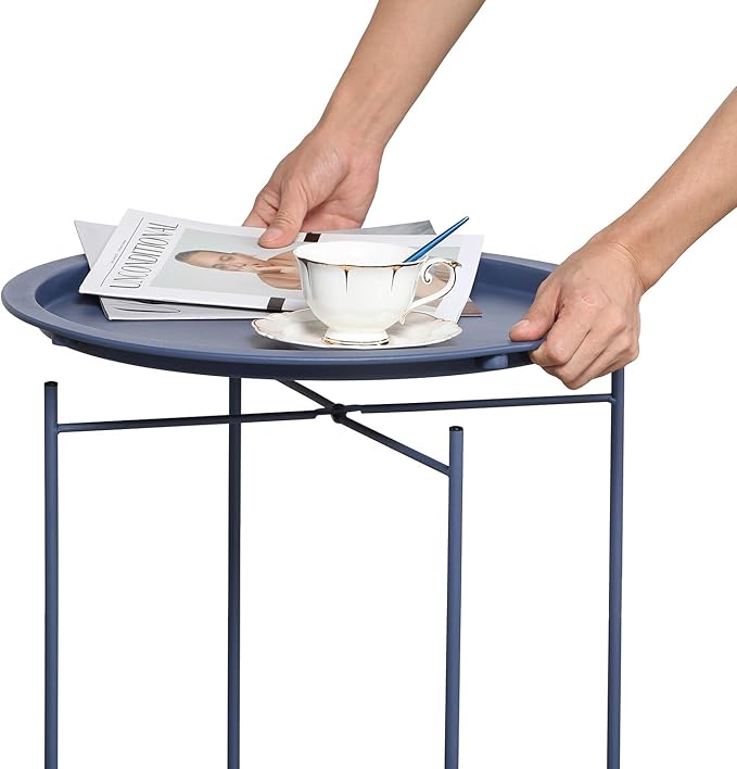 VECELO Modern End Side Tables,Round Metal Foldable Tray,Stable Snack Nightstand for Outdoors,Small Space,Living Room and Balcony, Blue, 18.5 in x 18.5 in x 19.7 in