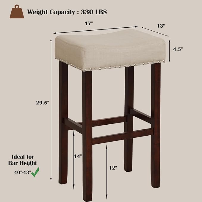 ERGOMASTER Bar Stools, 29 Inch Modern Saddle Stools, Rubber Wood, Khaki/Brown, Set of 4