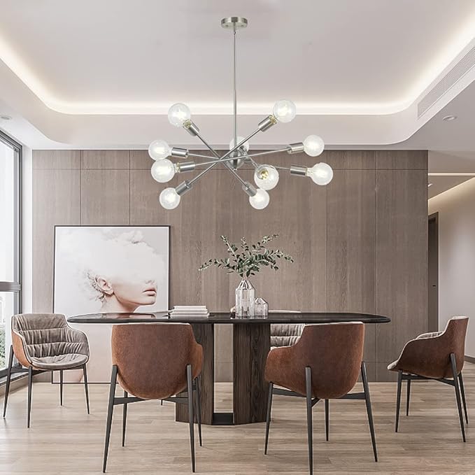 BONLICHT Modern Sputnik Chandelier Lighting 10 Lights with Adjustable Arms Mid Century Brushed Nickel Pendant Lighting for Kitchen Living Room Dining Room Foyer