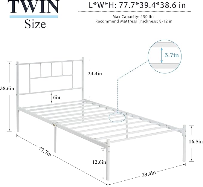 VECELO Twin Metal Platform Bed Frame with Headboard, Heavy Duty Steel Slat Support, Under Bed Storage,No Box Spring Needed, Easy Assembly