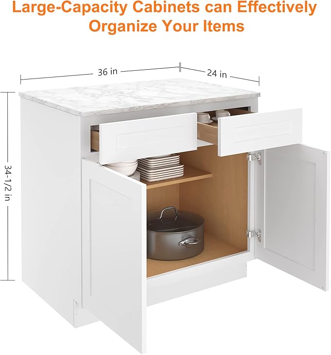 LOVMOR Kitchen Base Cabinets, Sideboard Storage Cabinet, Entryway Cabinet with 2-Drawers & Adjustable Shelf, 36" W X 24" D X 34-1/2"H