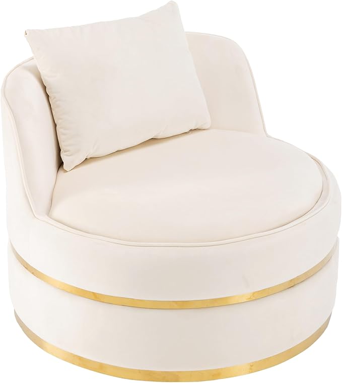 Merax 360° Swivel Accent Chair 32.6" Velvet Modern Upholstered Barrel Chair Comfy Soft Round Reading Sofa Chair with Seat Cushion for Living Room, Bedroom, Office, Apartment (Beige)