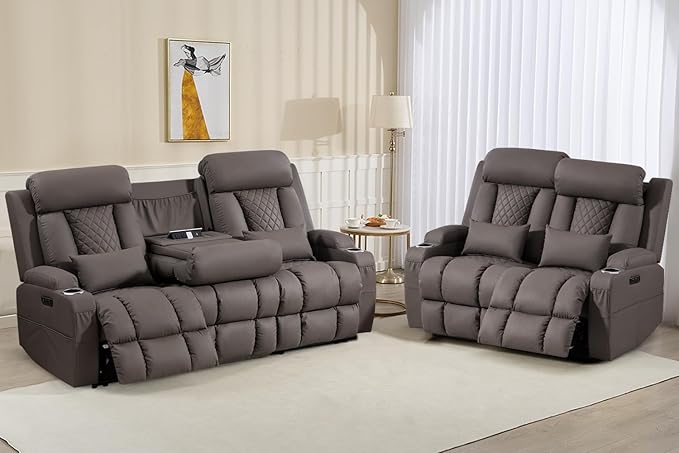Zero Wall Hugger Power Reclining Sofa Set with Adjustable Headrest, Electric Reclining Couch with Drop-Down Table,Outlets, Power Loveseat Recliner Sofa for Living Room | Cat-Proof Leather
