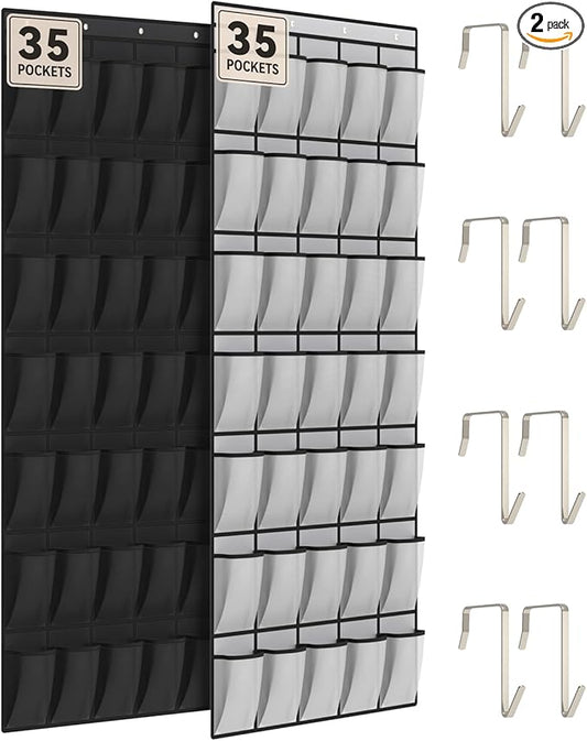dodowin Over the Door Shoe Organizers, 2 Pack (1 Black & 1 Grey) -35 Deep Mesh Pockets Each, Over The Door Shoe Rack, Space Saving Hanging Storage Holder for Closets, Shoes & Accessories
