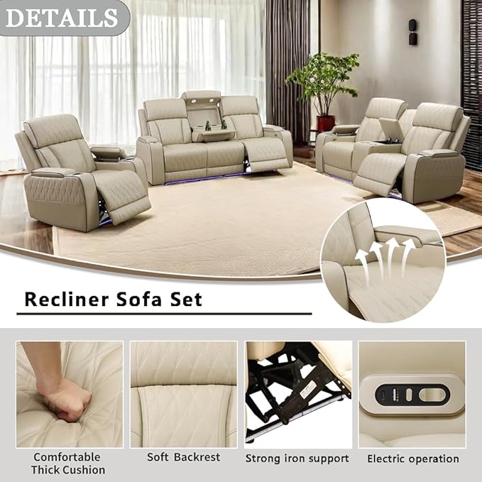 A Ainehome Power Recliner Sofa Sets with LED Lights, Recliner Couch Leather Sectional Couches for Living Room, Reclining Sofa and loveseat with Storage Console (Living Room Set, Khaki)