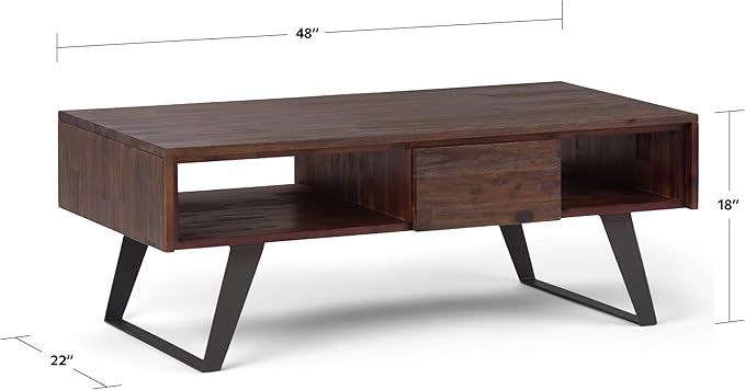 SIMPLIHOME Lowry Coffee Table - 48 inch Wide Solid Acacia Wood and Metal Living Room Table in Distressed Charcoal Brown, Modern Industrial Cocktail Table for Family Room with Drawers and Open Storage