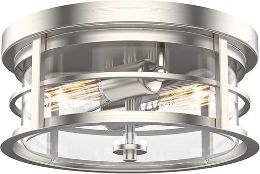 EAPUDUN Flush Mount Ceiling Light, 12inch 2-Light Modern Close to Ceiling Light Fixture, Brushed Nickel Finish with Clear Glass Shade for Hallway Entryway Bedroom Porch FMA1412-BNK