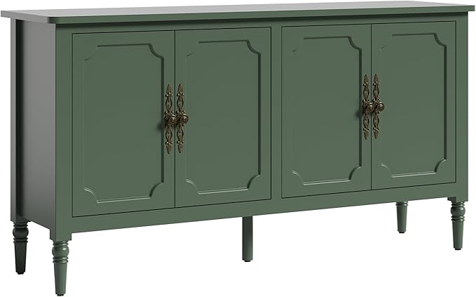 Console Table, 58'' Mid Century Modern Pantry Cabinet, Wood Buffet Sideboard, Media Credenza with 4 Doors, Accent Storage for Entryway, Living Room, Bedroom, Dining Room(Green1)