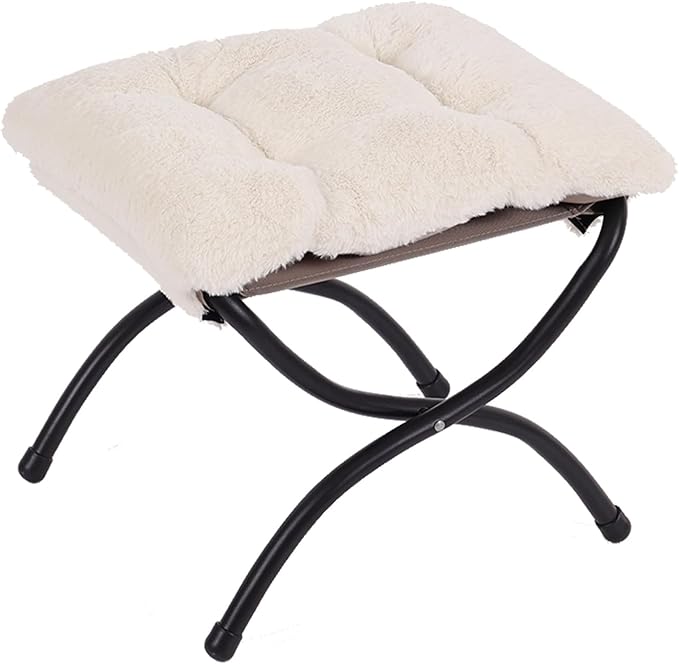 Welnow Folding Foot Stool, Upholstered Small Accent Ottoman with Detachable Thick Cotton Cushion Padded Sofa Stool and Metal Frame for Lazy Chair, Living Room, Bedroom, Plush Beige