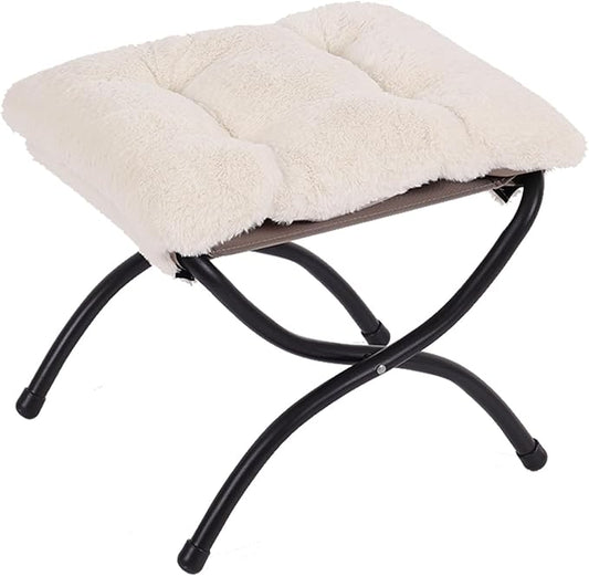 Welnow Folding Foot Stool, Upholstered Small Accent Ottoman with Detachable Thick Cotton Cushion Padded Sofa Stool and Metal Frame for Lazy Chair, Living Room, Bedroom, Plush Beige