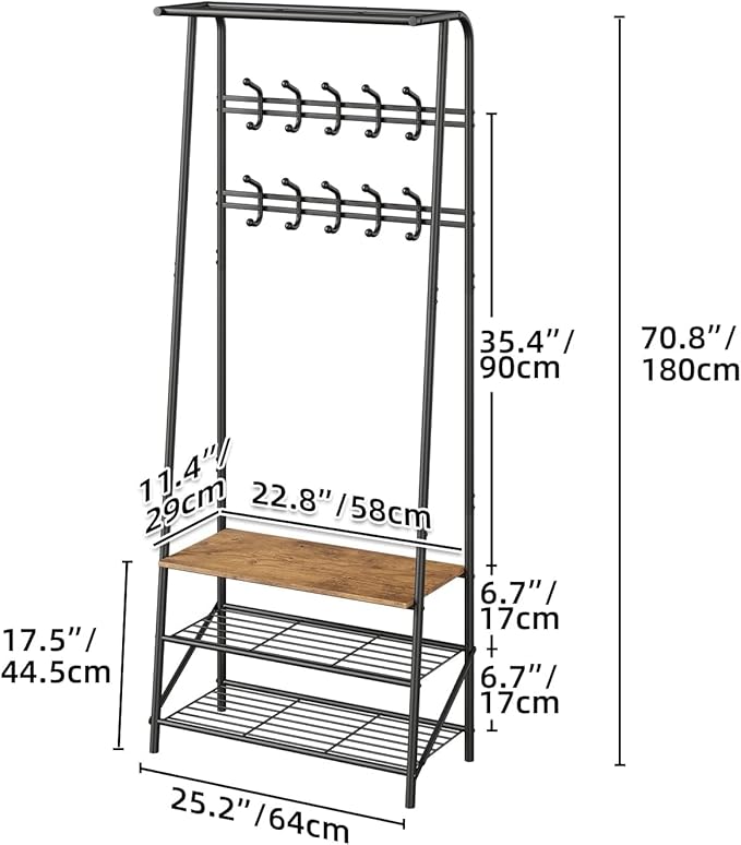 IDEALHOUSE Coat Rack Shoe Bench with 8 Hooks, Hall Trees Entryway Bench with Storage, Multifunctional Hallway Organizer, Wood Look Accent Furniture with Metal Frame for Entryway, Living Room, Bedroom