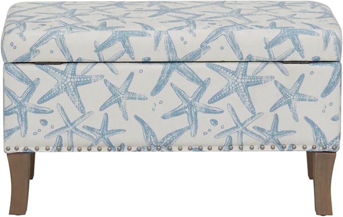 Linon Stephanie Cream and Light Blue Starfish Fully Upholstered Bench with Hidden Interior Storage