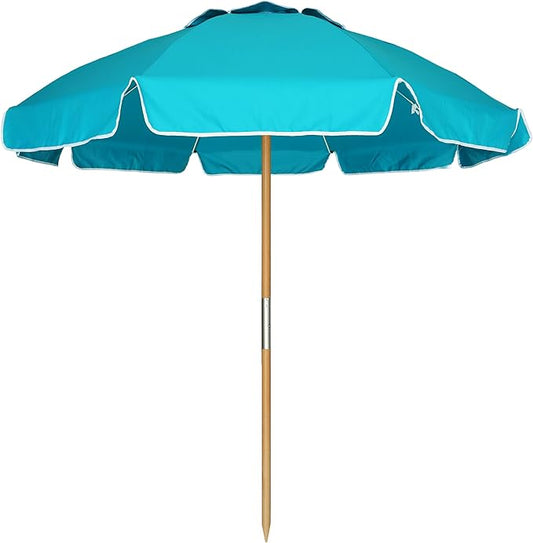AMMSUN 7.5ft Heavy Duty HIGH Wind Beach Umbrella Commercial Grade Patio Beach Umbrella with Air Vent Ash Wood Pole & Carry Bag UPF 50+ Protection Lake Blue