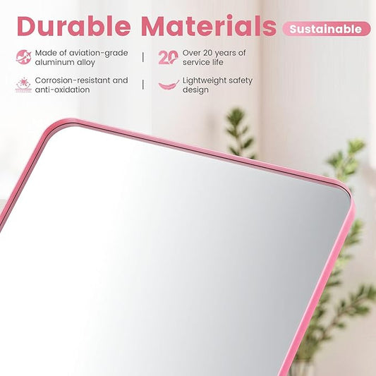 24" x 28" Pink Bathroom Mirror Wall Mounted, Matte Aluminum Alloy Frame with Rounded Corners, Shatterproof Tempered Glass, Anti-Rust HD Vanity Mirror for Bathroom, Bedroom, Entryway