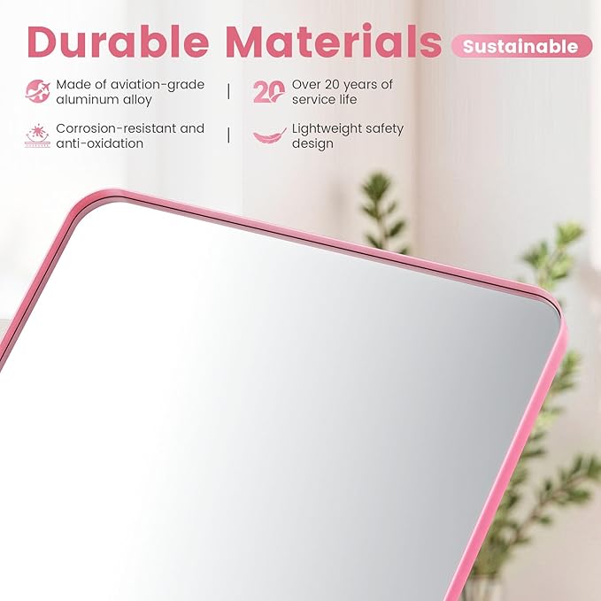 18 x 24 Inch Pink Bathroom Mirror Wall Mounted, Matte Aluminum Alloy Frame with Rounded Corners, Shatterproof Tempered Glass, Anti-Rust HD Vanity Mirror for Bathroom, Bedroom, Entryway