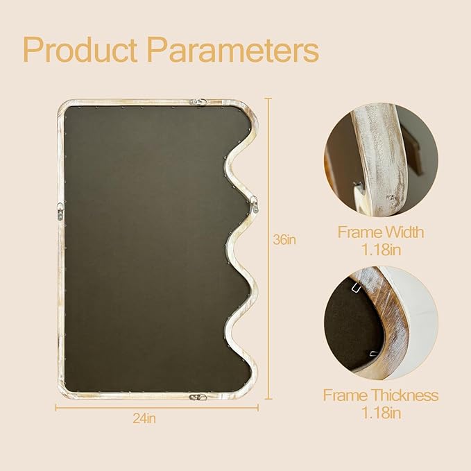 ULIKE Wavy Mirror for Wall, Rustic Wood Mirror for Bathroom Vanity, 24x36 Wooden Wall Mirrors Decorative for Bedroom, Living Room, Entryway, White