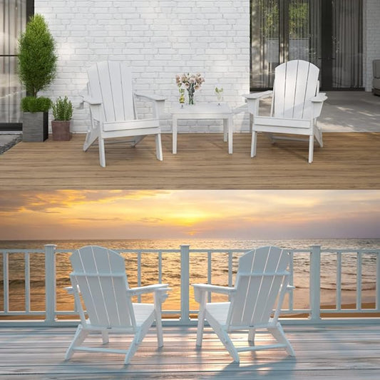 Adirondack Folding Chair for Garden, Patio or Deck - Arm Rests and Cup Holder - Lightweight, Weatherproof - Stylish, Durable Outdoor Furniture for Fire Pit, Beach, Poolside, Porch (White)