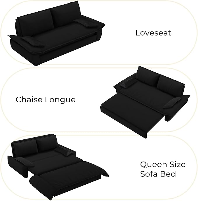 Yafylly Queen 3 in 1 Convertible Sleeper Couch, Full Size Velvet Loveseat Pull Out Sofa Bed, Futon Lounge Chair with Pillows for Living Room, Bedroom, Apartment, Office,Black
