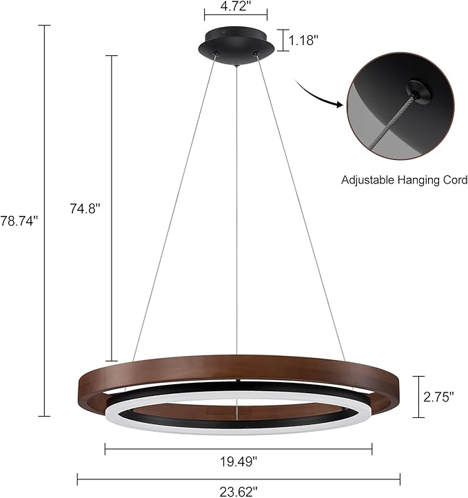 Modern LED Wooden Chandelier, 24" Dimmable 1-Ring Round Farmhouse Walnut Color Circular Dining Room Light Fixtures for Entryway Kitchen Foyer Living Room