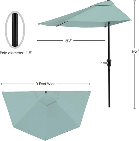 Half Umbrella Outdoor Patio Shade - 9 ft Patio Umbrella with Easy Crank - Small Canopy for Balcony, Table, or Deck by Pure Garden (Light Green)