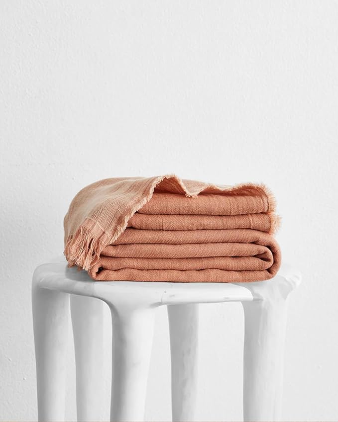 Bed Threads - Linen Muslin Throw - 100% French Flax Linen - Double-Layered & Frayed Edge - Eco-Friendly - Soft & Delicate Blanket - Two-Tone Design - Machine Washable - 87” x 59” - Terracotta/Hazelnut