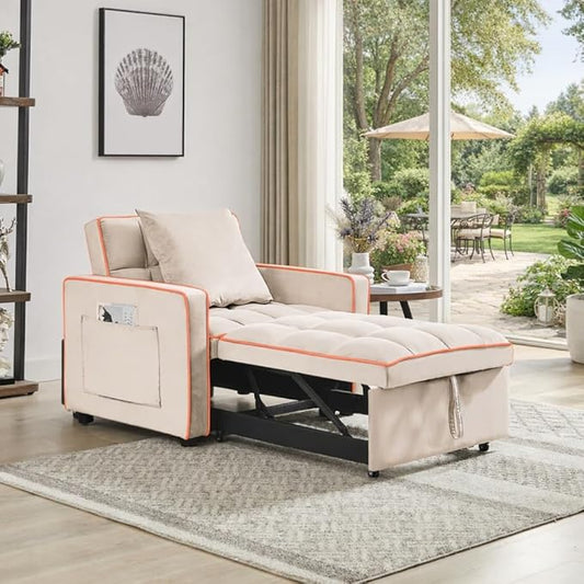 Sleeper Chair, Pull Out Chair Sleeper with Adjustable Back & Pocket, Convertible Chairs Bed Sleepers for Adults, 3 in 1 Sofa Bed Chairs for Small Spaces, Living Room, White