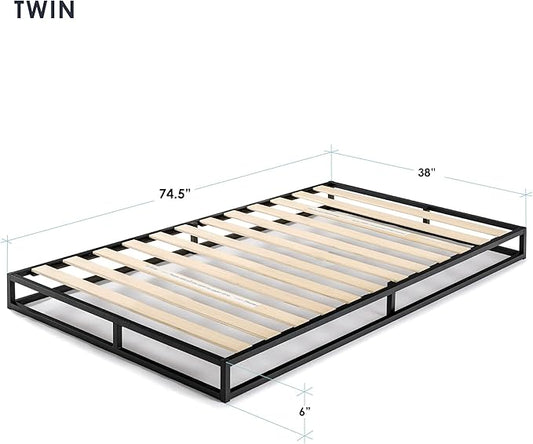 Mellow Modernista Low Profile 6 Inch Metal Platform Bed Frame with Classic Wooden Slat Support Mattress Foundation (No Box Spring Needed), Twin, Black