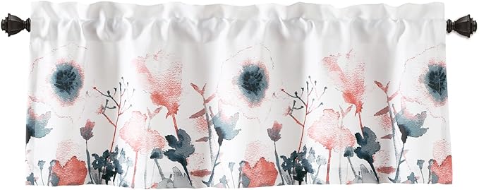Lush Decor Zuri Flora Room Darkening Valance Curtain Single 52" W x 18" L + 2" Header Blue & Coral - Valances for Windows - Floral Kitchen Curtains