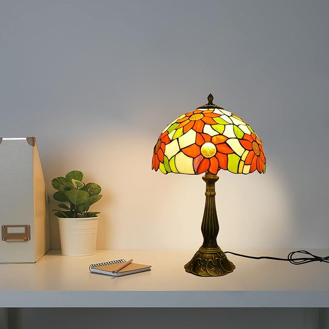 Tiffany Style Table Lamp Sunflower Vintage Table Lamp Stained Glass Lamp Durable Bronze Alloy Base Tiffany Lamps for Bedroom 12" Wide 19" Tall for Living Room Home Office