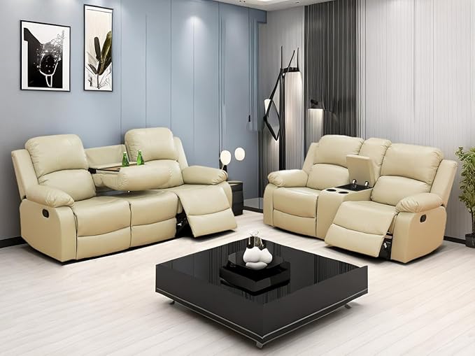 2PCS Manual Recliner Sofa Set Bonded Leather Reclining Couch Set Living Room Furniture Sets Modern Sofa and Loveseat Set with Cup Holders/Storage Console for Home/Rv Car (Beige, Sofa+Loveseat)