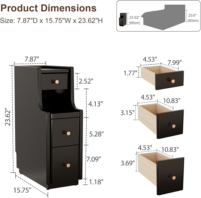 Narrow Nightstand with 3 Drawers,Solid Wood Narrow Bedside Table Black, Modern Skinny Nightstand for Bedroom(Fully Assembly)