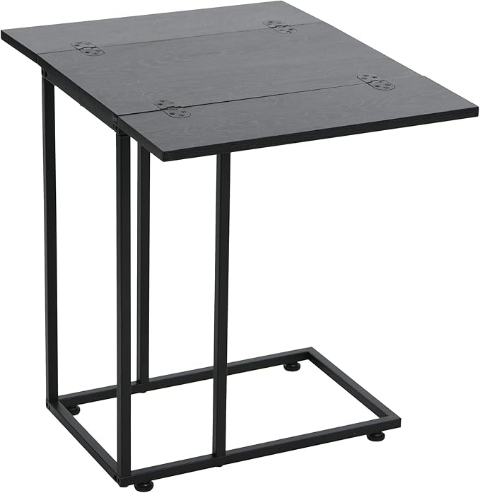 Household Essentials Jamestown Extendable C-Shaped for Accessiblity Side End Table Black Oak Wood Grain and Black Metal