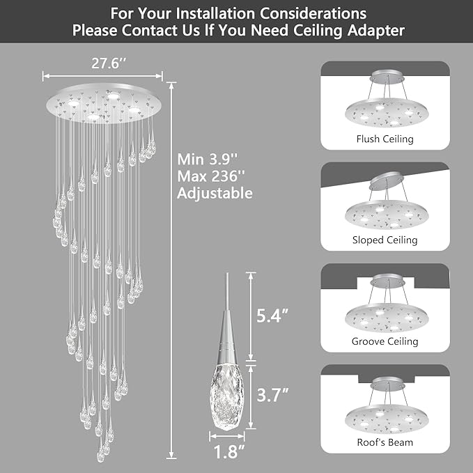 46-Lights 19 Feet Large Modern Chandelier LED Light Fixtures High Ceiling Long Light Chandelier for Entrance Foyer Dimmable Lights with Remote Living Room Ceiling Pendant Lighting Shine Silver