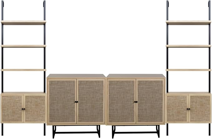 Nathan James Kova Boho Rattan and Wood TV Wall Shelving Unit Accent Storage Cabinet with Metal Frame and Cane Doors, Light Oak/Black