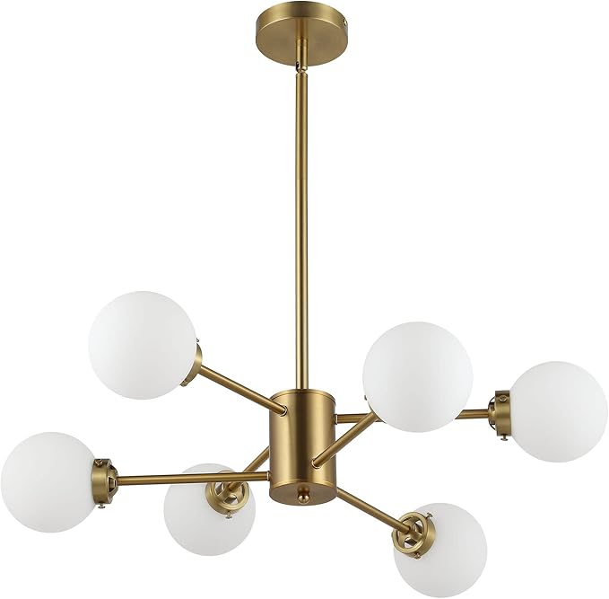 WINGBO 6-Light Sputnik Chandelier, Modern Pendant Light Fixture with 4.7" Opal White Glass Globe Shade for Flat and Slop Ceiling, Height Adjustable for Kitchen Living Room Dining Room Bedroom, Gold