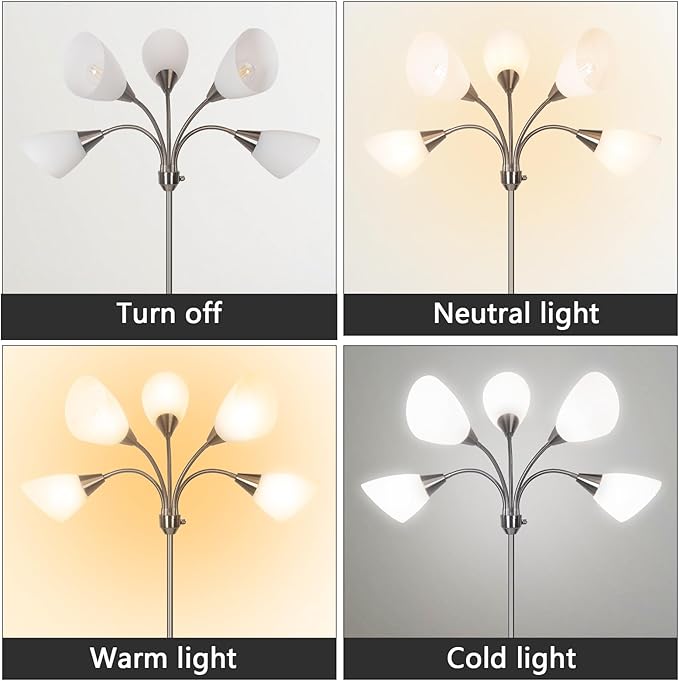 HonoDing Medusa Floor Lamps Standing Lamps 5 Heads Adjustable Reading Light Large Shade Use E26 A19 Bulb Floor Lamps for Living Room Bedroom (Satin Nickel)